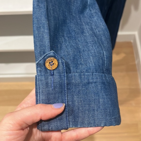 Oversized denim knee length shirt dress with beaded trim - Picture 3 of 5